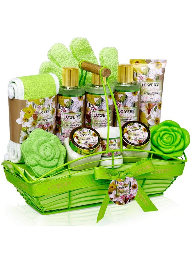Valentines Gifts Home Spa Gift Baskets For Women Bath And Body Gift Basket Magnolia & Jasmine Home Spa Set Fragrant Lotions Bath Bomb Towel Shower Gloves Green Wired Bread Basket & More 13Pcs