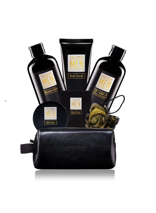Bath And Body Spa Gift Baskets Set For Men Sandalwood Amber 7Pc Spa Kit W. Full Size Items In Leather Toiletry Bag Happy Birthday Gifts Ideas For Husband Dad From Wife Daughter Son