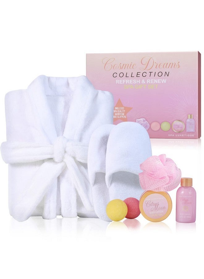 Spa Bathrobe And Slippers Gift Set Robe Gifts Set For Women 6Pcs Flannel Soft Bath Robe Bath Gift Baskets Set With Bathrobe Slippers Body Lotion Bath Bombs Valentine'S Day Gifts