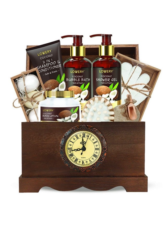 Valentines Mens Gift Bath Set In A Vintage Style Wooden Clock Box 13Pc Premium Coconut Spa Kit For Men & Women Body Lotion Handmade Soap Bath Bomb Coconut Shampoo & Conditioner Massager & More