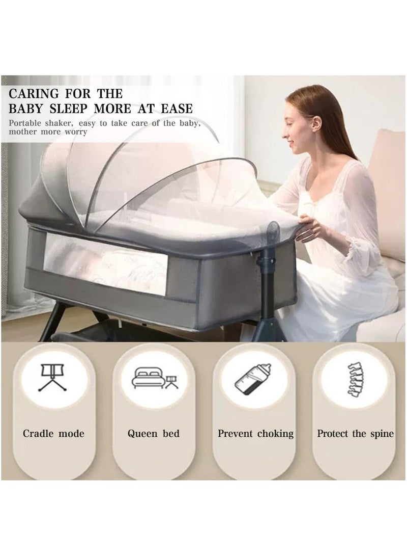 Grey Crib, Bedside Sleeper Bedside Crib, Multifunctional 4-In-1 with Breathable Net, With Diaper Table, Mosquito Net, Mattress, Storage Basket Easy Folding Portable Crib For Newborn Baby