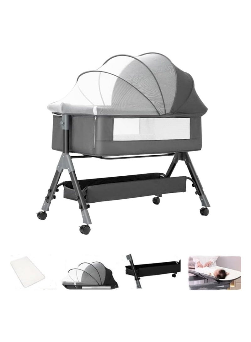 Grey Crib, Bedside Sleeper Bedside Crib, Multifunctional 4-In-1 with Breathable Net, With Diaper Table, Mosquito Net, Mattress, Storage Basket Easy Folding Portable Crib For Newborn Baby