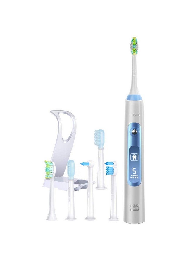 V2 Electric Toothbrush 15 Brushing Levels 6 Replacement Heads Sonic Toothbrush Power Rechargeable Kids Toothbrush Kits With Holder Automatic Timer Lcd Display For Adult Travel Blue