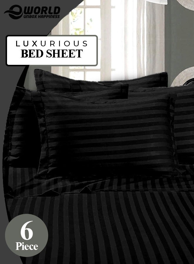 6-Piece Premium King Size Bedding Set, Black Striped Design and High Quality Cotton Hotel Luxury Bedsheet Soft Quilt Cover and Pillowcases