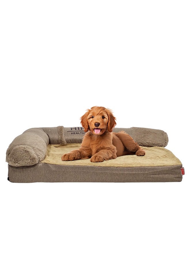 Dog bed with bolsters for medium-sized dogs, Orthopedic dog couch bed with memory foam layer and removable washable cover, Nonskid bottom 60 cm L (Khaki)