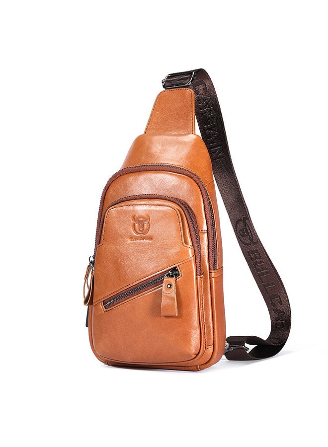 Men Genuine Leather Sling Bag Multi-pocket Chest Bag with USB Charging Port Orange