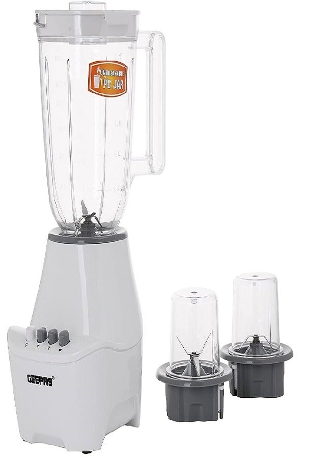 3 In 1 Blender With Stainless Steel Blades, 2 Speed Control With Pulse Function, 1.5 L Unbreakable PC Jar, Safety Lock 400 W GSB6104N White