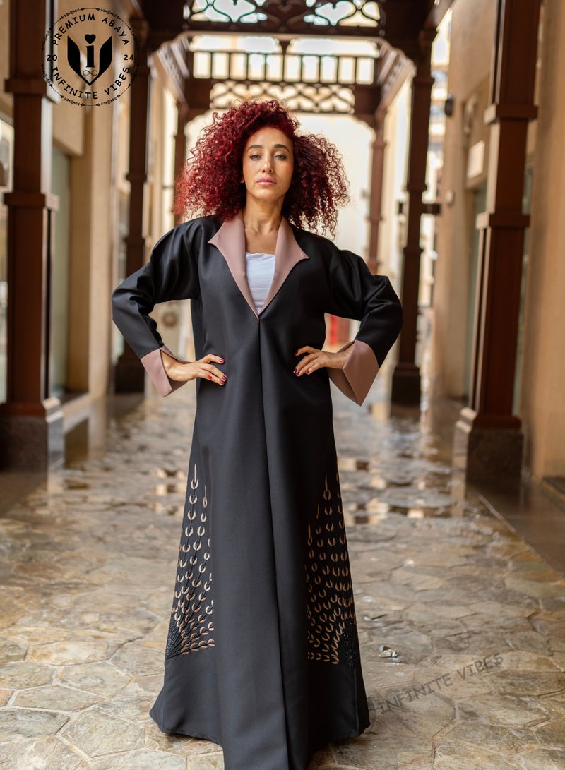 Black Dual-Toned Abaya with Floral Embroidery & Matching Sheila
