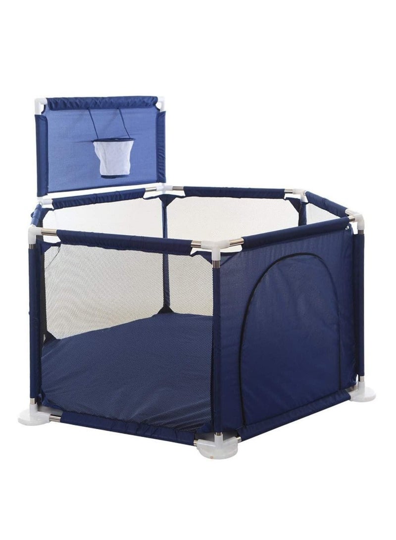 Foldable Baby Kids Fence Activity Center Baby Kids Safety Fence Tent Playpen with Basketball Hoop for Indoor and Outdoor Dark Blue