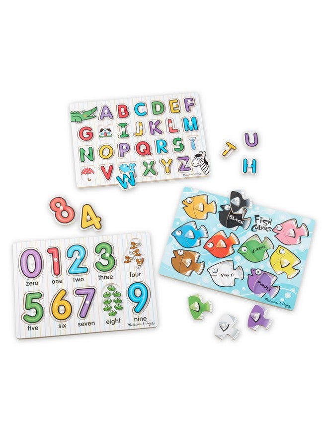 Classic Wooden Peg Puzzles (Set Of 3) Numbers Alphabet And Colors Toddler Learning Toys Alphabet And Numbers Puzzles For Kids Ages 3+