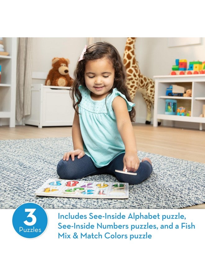 Classic Wooden Peg Puzzles (Set Of 3) Numbers Alphabet And Colors Toddler Learning Toys Alphabet And Numbers Puzzles For Kids Ages 3+