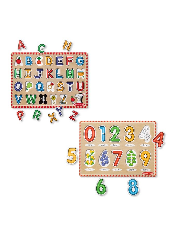 Wooden Lift & See Peg Puzzle Early Learning 2Pack For Girls And Boys Alphabet Numbers