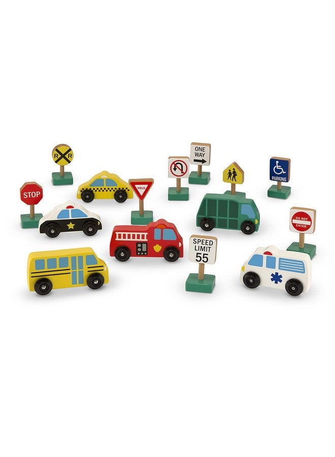 Wooden Vehicles And Traffic Signs With 6 Cars And 9 Signs