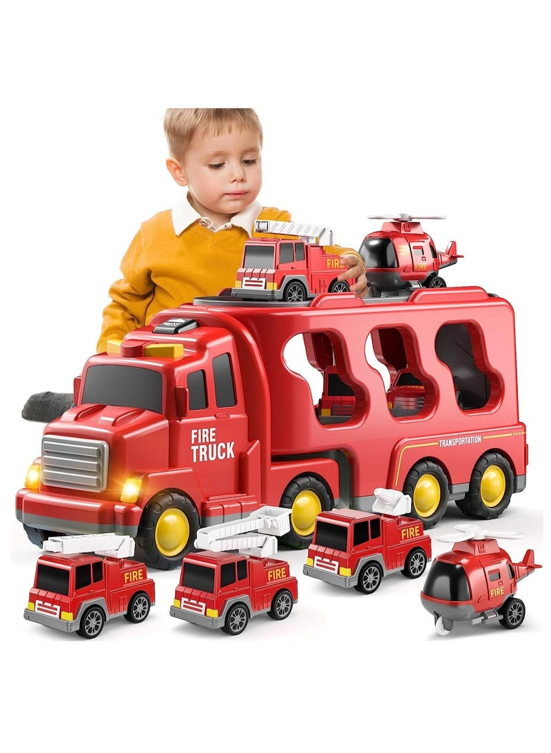Toy Truck Transport Car Carrier, Toddler Toys for 1-6 Years Old Boys Girls, 5 in 1 Fire Truck Transport Cars, Friction Power Vehicles for Kids 3-5, Birthday Gifts for Boys Girls Age 3-9