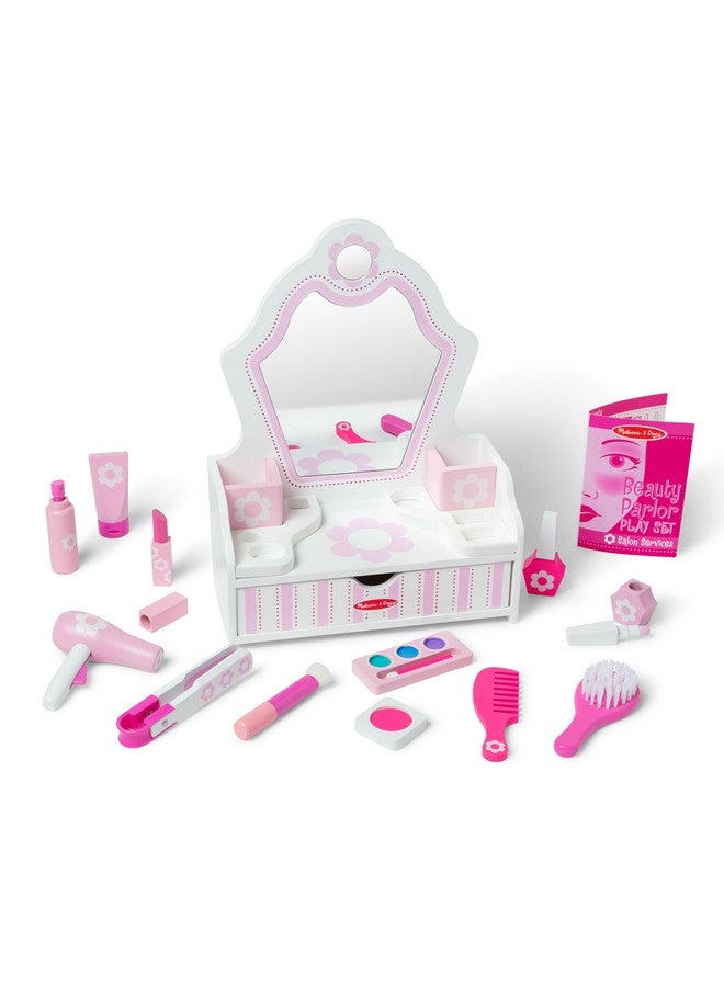 Wooden Beauty Salon Play Set With Accessories (18 Pcs) Pretend Hair Salon Toddler Makeup Vanity Fashion Role For Kids Ages 3+