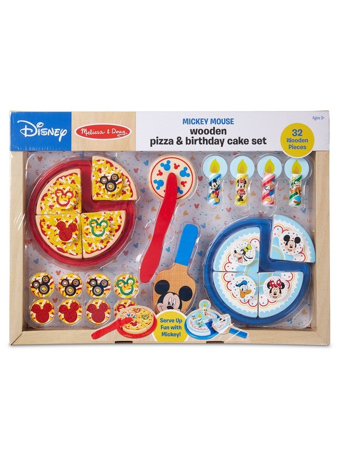 Mickey Mouse Wooden Pizza And Birthday Cake Set (32 Pcs) Play Food