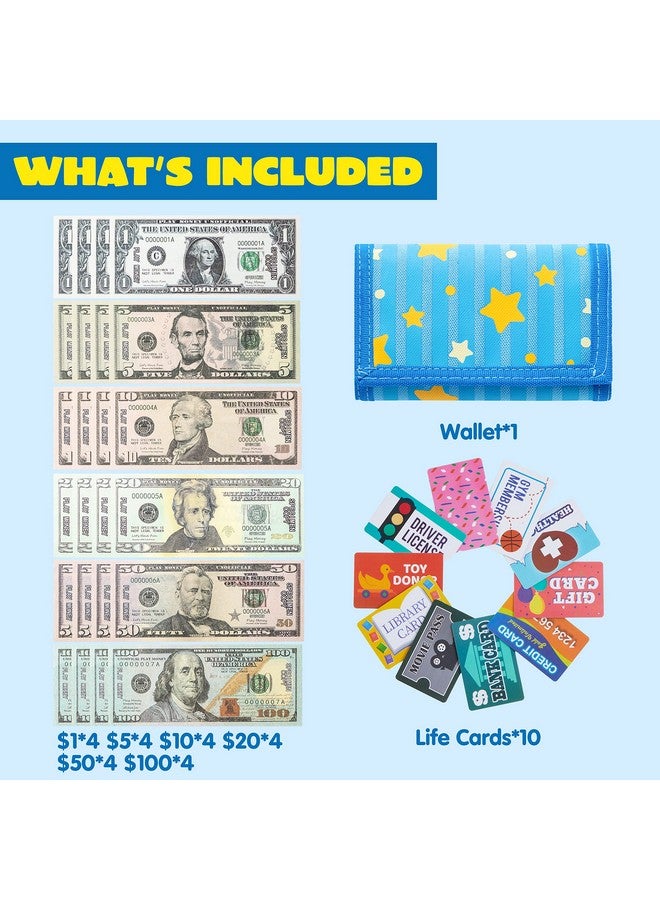 35Pcs Kids Pretend Money Play Credit Cards Set Toddler Wallet Singlesided Printed Currency（Copy For Cash Register Play Math Learning Toy Dress Up Party Favors Birthday Gift