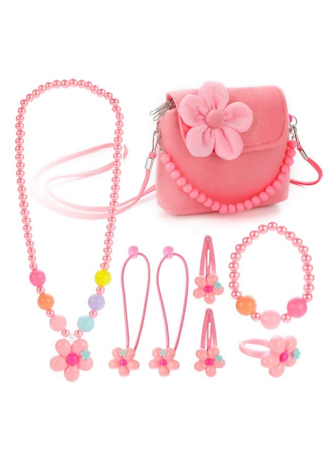 Kids Jewelry Little Girls Plush Handbag Necklace Bracelet Ring Hair Clips Set Jewelry Party Favors Gift For Dress Up Pretend Play