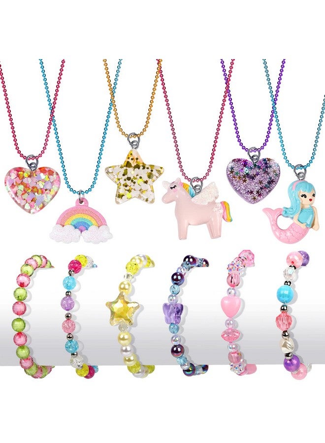 12 Pcs Necklaces Bracelets Set With Cute Mermaid Unicorn Heart Star Rainbow Charms Kids Gift Toy Party Favors Pretend Play Dress Up Colorful Friendship Costume Jewelry For Little Girls Toddler