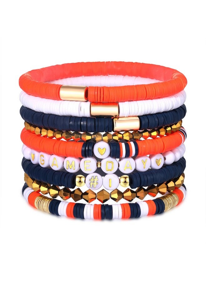 9 Pack Game Day Bracelets For Women Stackable Heishi Beaded Stretch Bracelet Football Sport Fan Bracelet Sports Game Team Jewelry Accessories Gifts (Orange Navy)