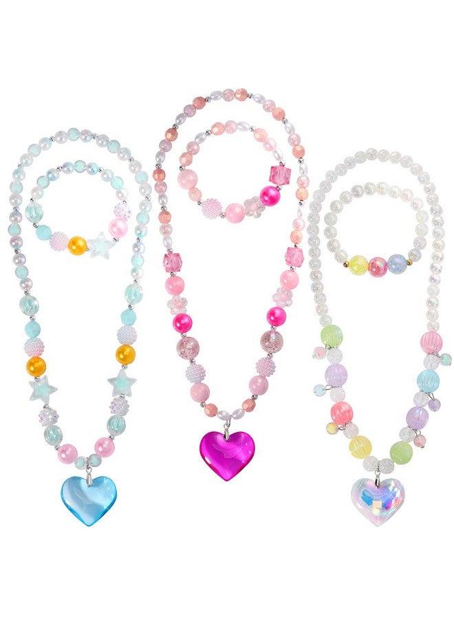 Beads Necklace And Bracelet For Kids 3 Sets Little Girls Jewelry Necklace And Bracelet With Heart Pendant Dress Up Pretend Play Party Favor
