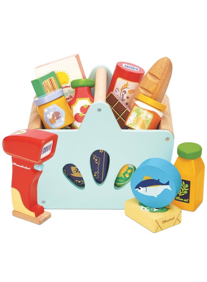 Wooden Groceries Toy Play Set & Wooden Scanner For Shopping Role Play Supermarket Pretend Play Shop With Toy Food