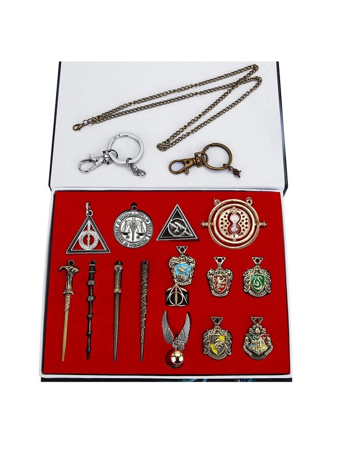 15Pcs Novelty Magic Wand Necklace Set For Fans Cosplay Accessories With Keychain Necklace Ring Academy Badge In A Gift Box Brown