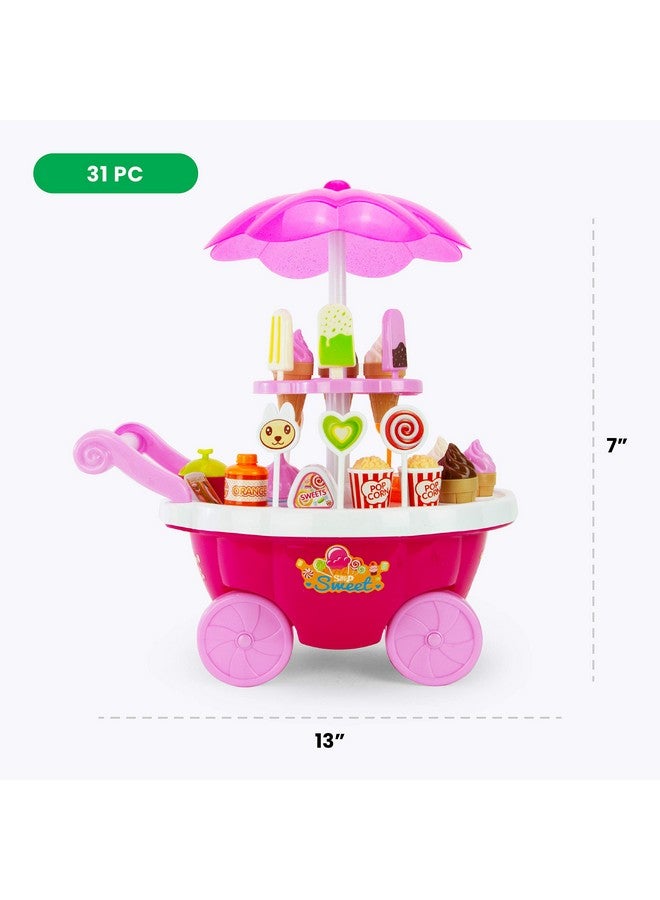 Mini Ice Cream Cart 31 Piece Light Up Musical Toy Ice Cream Stand And Pretend Play Food Set For Kids And Toddlers Ages 3 And Up