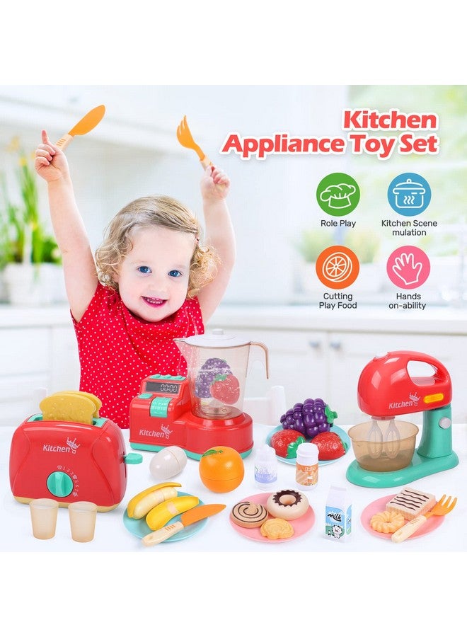 Toy Kitchen Appliances Playset Kids Kitchen Toy Mixer And Blender With Sound & Lights Play Toaster Cutting Play Food Toddler Play Kitchen Accessories Set For Boys Girls