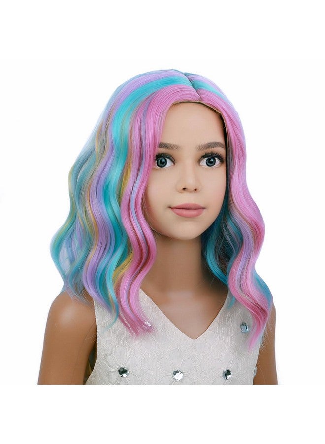 Rainbow Wig Kids Child Wig Short Wavy Wig Rainbow Wig Multicolor Wig Girls Synthetic Wig Cosplay Halloween Party Costume Wig (Rainbow)