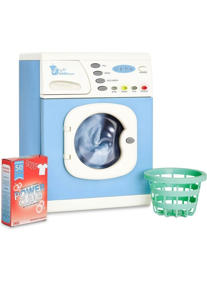 Blue Electronic Washer Toy Washing Machine With Spinning Drum Lights & Sound Effects Includes Laundry Basket & Washing Powder Box Playset For Children Aged 3+