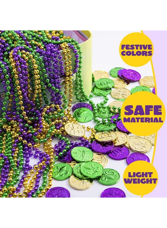 156 Pcs Mardi Gras Set Include 36 Pcs Mardi Gras Beads Necklace And 120 Plastic Coins Purple Gold Green Necklace Coins For Mardi Gras Party Favors Supplies Masquerade Costume Accessories