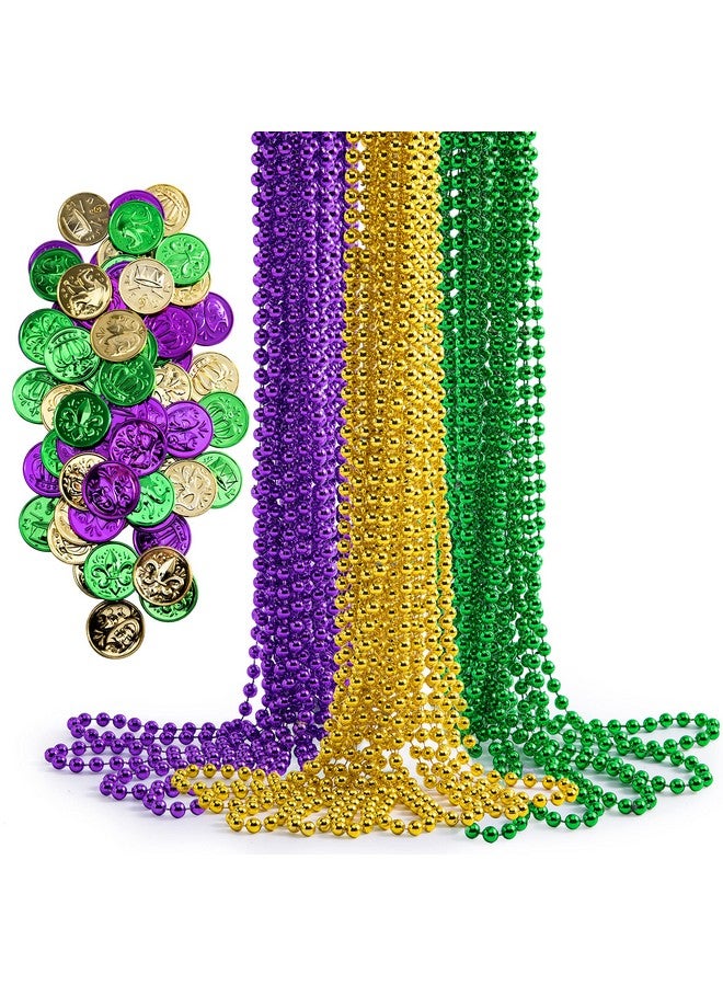 156 Pcs Mardi Gras Set Include 36 Pcs Mardi Gras Beads Necklace And 120 Plastic Coins Purple Gold Green Necklace Coins For Mardi Gras Party Favors Supplies Masquerade Costume Accessories
