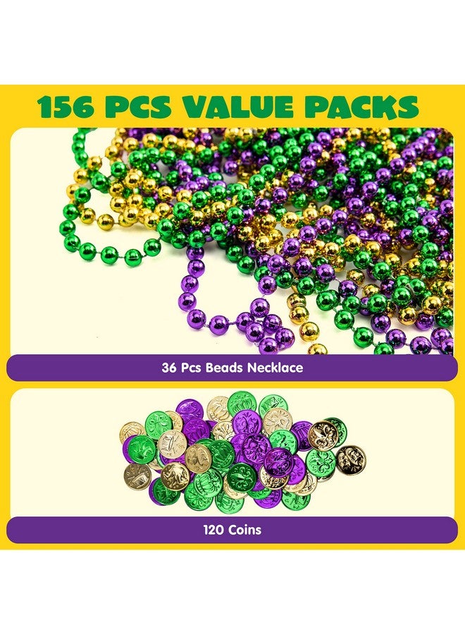 156 Pcs Mardi Gras Set Include 36 Pcs Mardi Gras Beads Necklace And 120 Plastic Coins Purple Gold Green Necklace Coins For Mardi Gras Party Favors Supplies Masquerade Costume Accessories