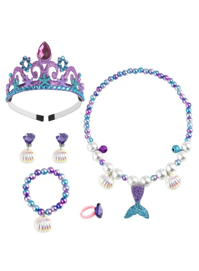 Necklace Bracelets Ear Clips Set Pendant With Mermaid Crown 6Pcs Purple Plastic Party Dress Up Pretend Play Set