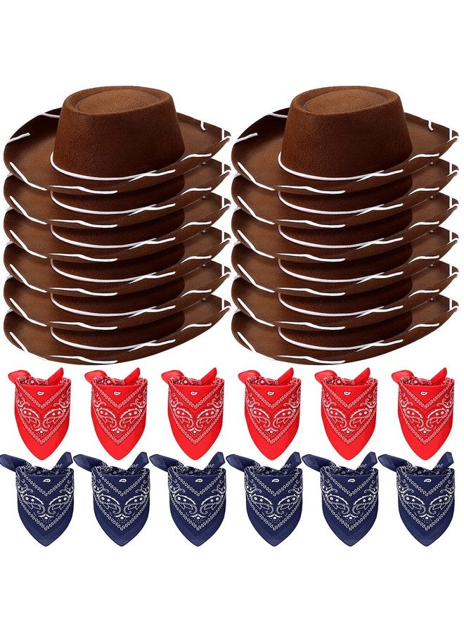 24 Pieces Pink Cowboy Hats And Bandanas For Kids Western Cowboy Costume Hat Accessories For Toddler Child Western Theme Birthday Party Supplies Halloween Costume Dress (Dark Brown Navy Red)