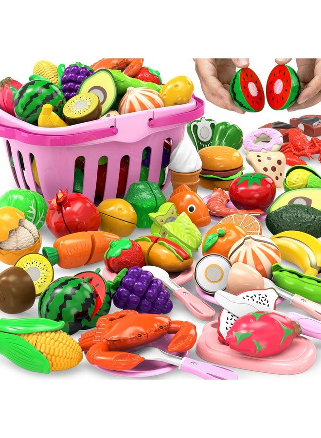 94 Pcs Cutting Play Food Set For Kid Kitchen (45 Items) Pretend Play Food With Shopping Basket Fake Food Accessories With Fruit Vegetable Toy For Toddler Educational Gift For Little Girl Birthday