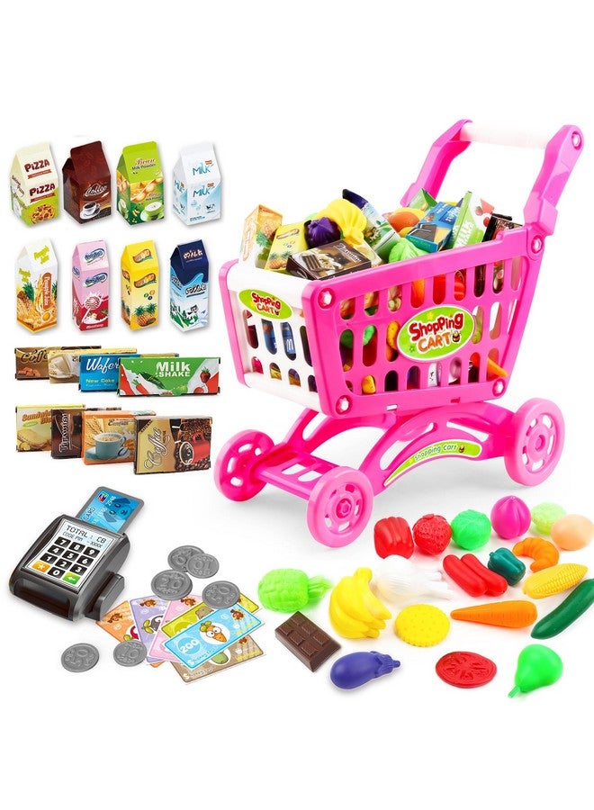 Kids Shopping Cart With Food Shopping Trolley Basket For Toy Shop Kitchen 65 Pcs Play Food Role Play Educational Toy (Pink)