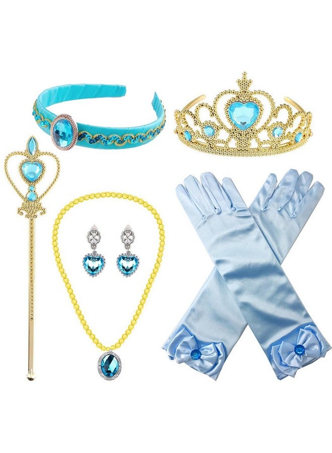 6Pcs Princess Jasmine Costume Dress Up Accessories For Girls Arabian Princess Jasmine Cosplay Headband Gloves Tiara Crown Necklace Wand Earrings Halloween Party Dress Up For Kids