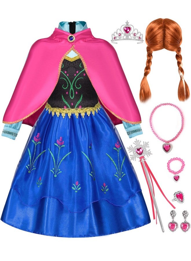 9Pcs Frozen Anna Dress For Girls Kids Princess Costume Dress Up Cape Wig Accessories Halloween Girl Role Play Outfit