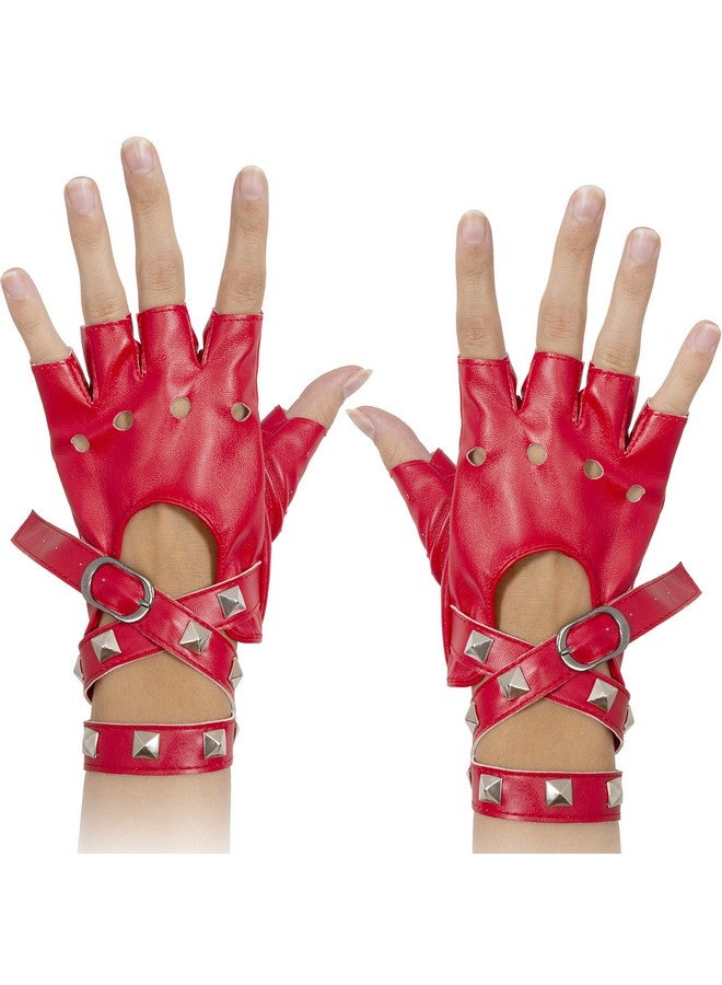 Fingerless Faux Leather Gloves Red Biker Punk Gloves With Belt Up Closure And Rivet Design For Women And Kids