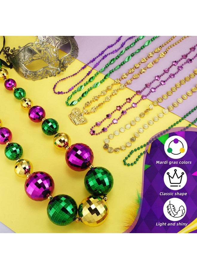 19 Pcs Mardi Gras Bead Necklaces Bulk 46'' Jumbo Mardi Gras Metallic Ball Bead Necklaces And 33'' Mask Crown Coin Star Bead Necklaces For Mardi Gras Festivals Parades Outfit Party Gold Green Purple