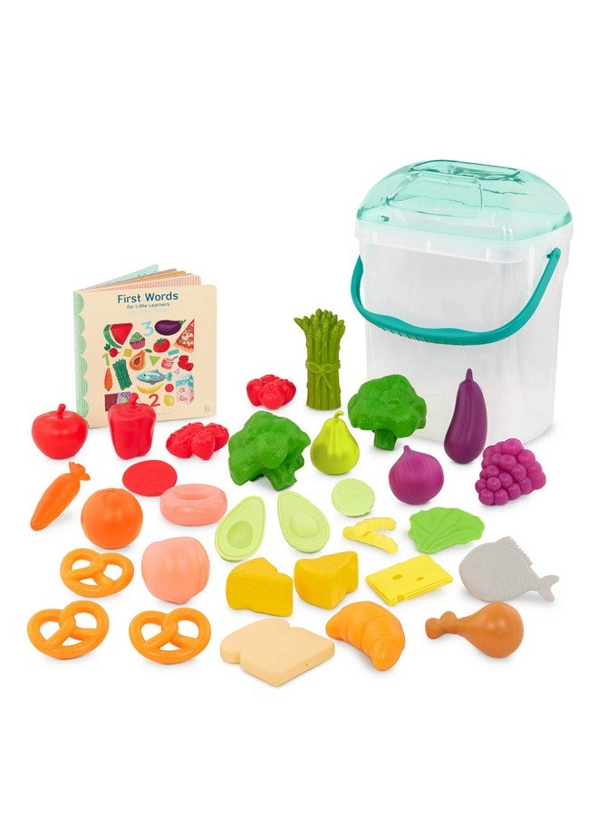 Foodie Fun Pretend Play Food & Board Book Set 32 Pieces Of Play Food Educational Book For Toddlers Storage Bucket With Lid 2 Years +