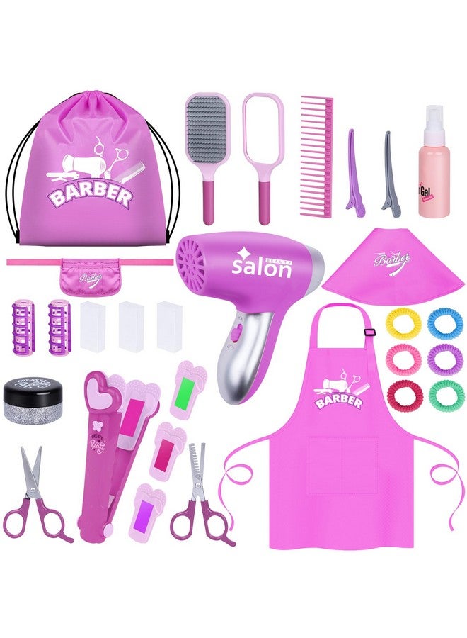 Hair Salon Toys For Girls 26 Pcs Realistic Girl Beauty Salon Playset Hair Styling Set With Blow Dryer Barber Costume Apron Scissors And Stylist Accessories.