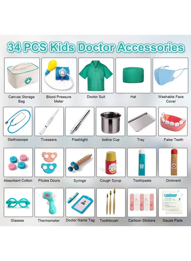 Doctor Kit For Kids 34Pcs Toy Medical Kit With Stain Steel Stethoscope Flashlight Tray Iodine Cup Wooden Accessories Dress Up Costume And Doctor Bag For Kids Girls Boys Toddlers
