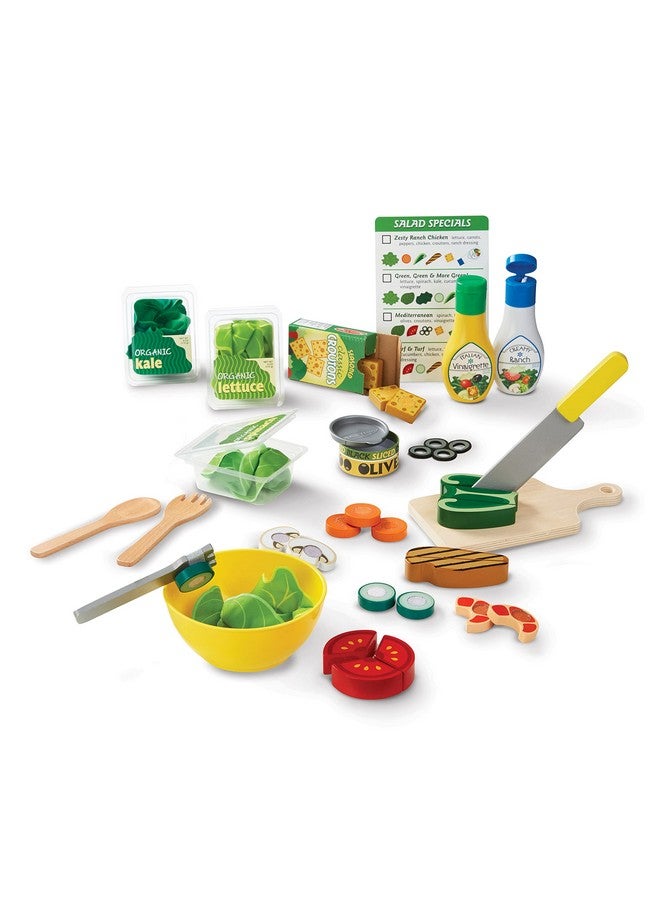 Slice And Toss Salad Play Set 52 Wooden And Felt Pieces Green Pretend Food Kitchen Accessories For Kids Ages 3+