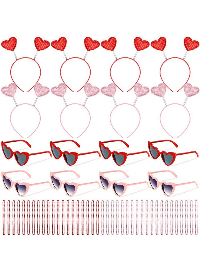 56 Pcs Valentines Day Accessories For Women Include 8 Heart Headband 40 Red Pink Bead Necklace 8 Heart Shape Sunglasses Cupid Heart Boppers Headbands For Kid Adult Gift Party Favors