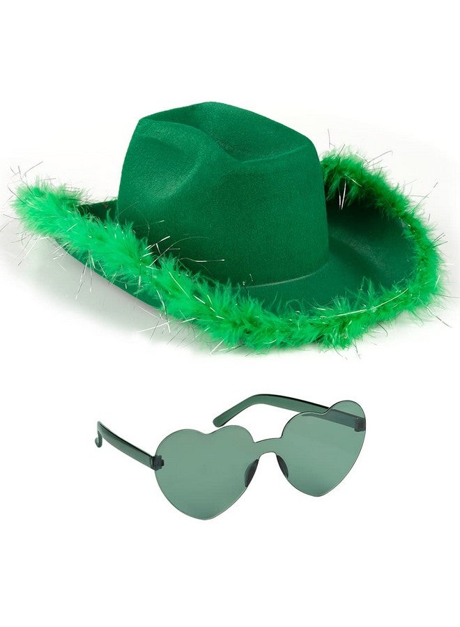 St Patricks Day Cowboy Hat And Glasses Fluffy Cowgirl Hat Green Feather Cowboy Hat For Women St Patty'S Day Hat