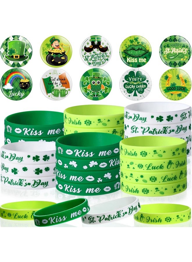 60 Pcs St. Patrick'S Day Set Included 30 Green Shamrock Rubber Wristband Bracelet Lucky Clover Silicone & Novelty Buttons Badge Pins For Irish Party Favor Supplies Approx. 2.5'' 6.3Cm Dia