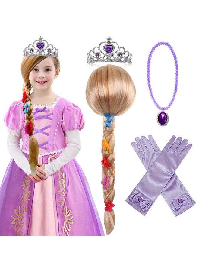 Princess Rapunzel Wig Rapunzel Braid With Princess Tiara Necklace Gloves Princess Rapunzel Dress Up Costume Cosplay Accessories For Kids Girls